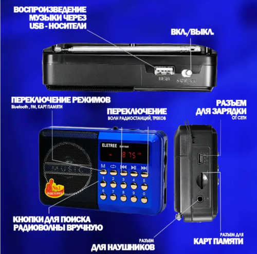 Радиоприемник "Синий Рубин" с телескопической антенной на аккумуляторе для приема радио сигналов FM и воспроизведения музыки фото 4